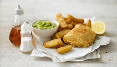 English Ale Battered Fish, Chips and Mushy Peas