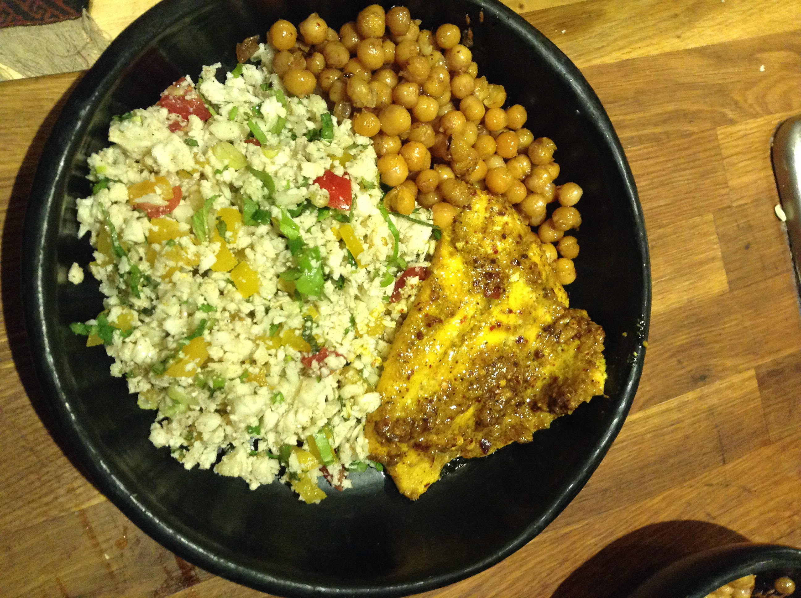 Spiced Cod with Cauliflower Tabbouleh and Roasted Chickpeas