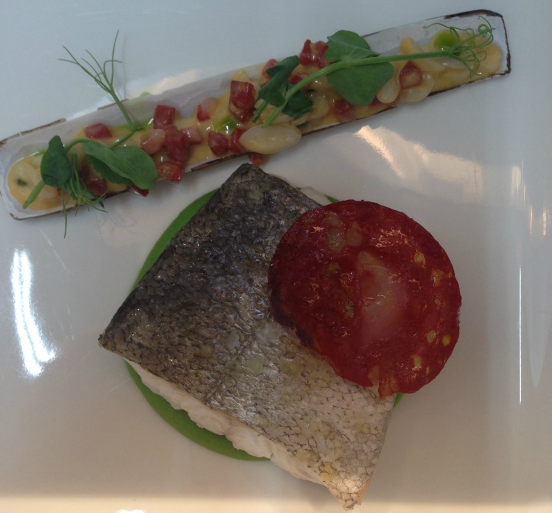 Sean Kelly's Hake and Spoots (Razor Clams) with a Chorizo and Pea puree