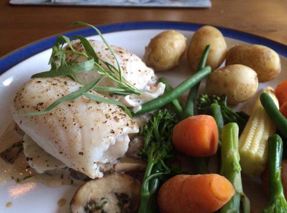 Megrim Sole with White Wine, Mushroom and Tarragon Cream Sauce