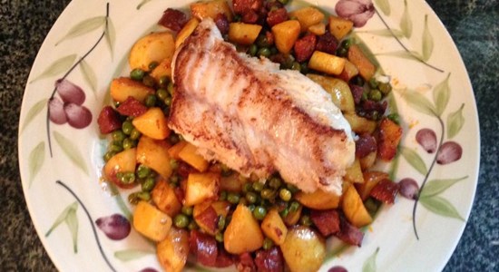 Pan Fried Forkbeard with Potato,  Chorizo and Pea Fricassee