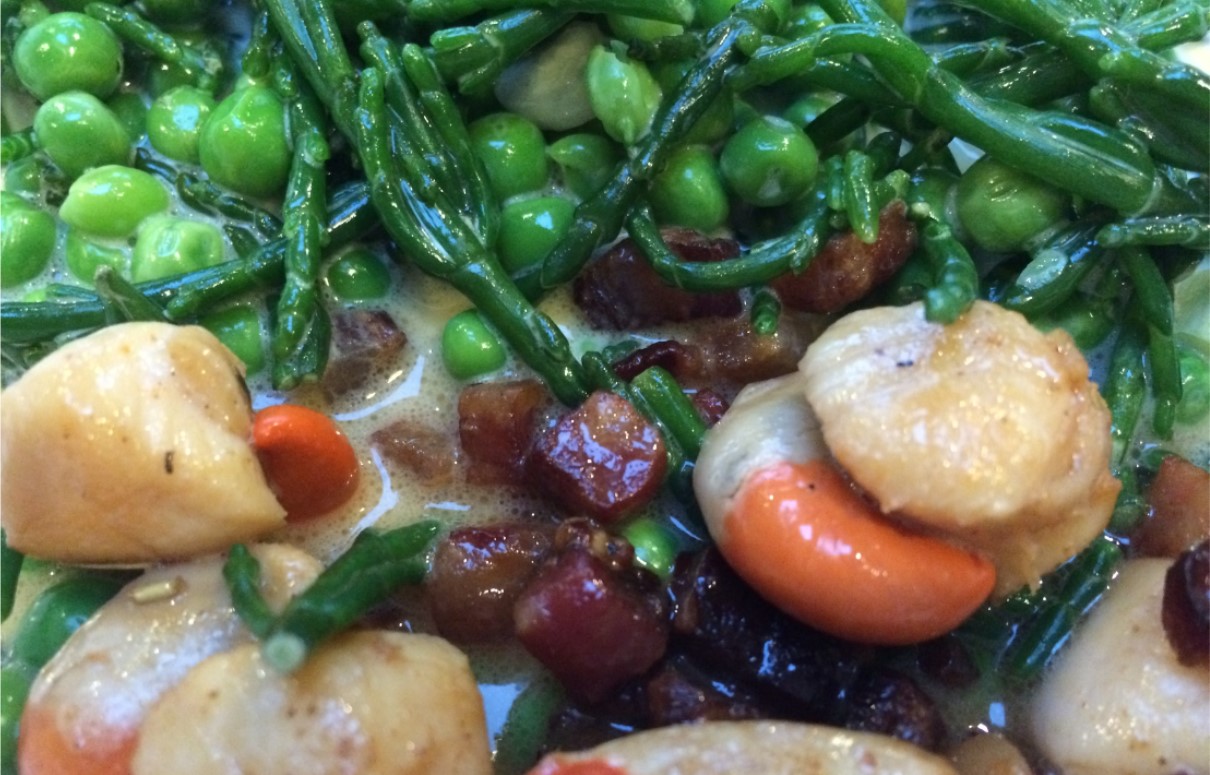 King Scallops and Pancetta with Samphire and Peas