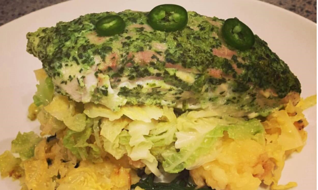 Chilli and coriander coley with crushed new potatoes