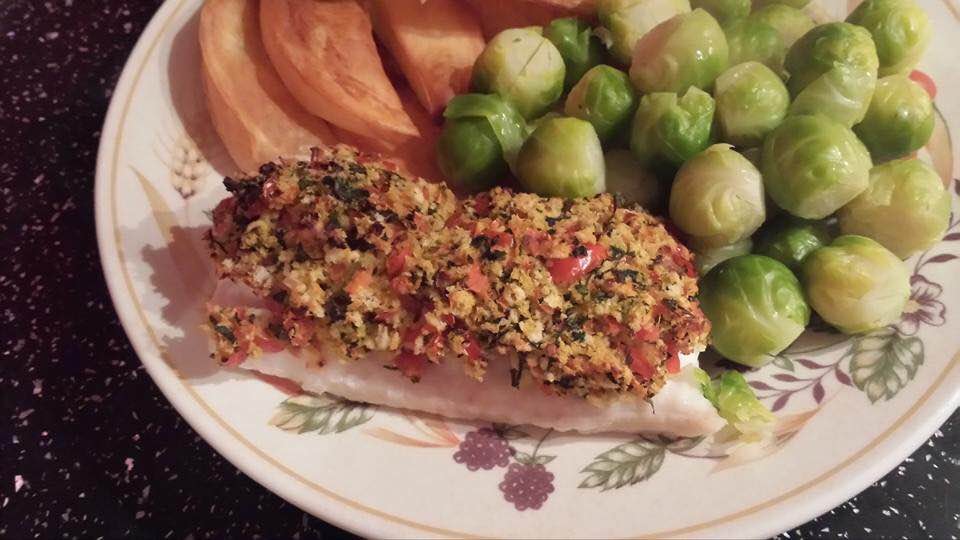 Baked ling with herb, horseradish and tomato crust