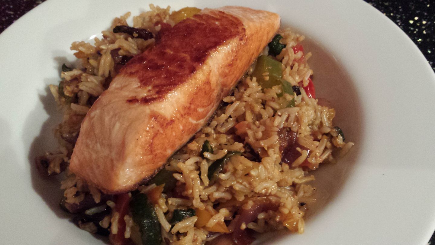 Lemon and Garlic Infused Salmon/Sea Trout with Roasted Spiced Vegetables