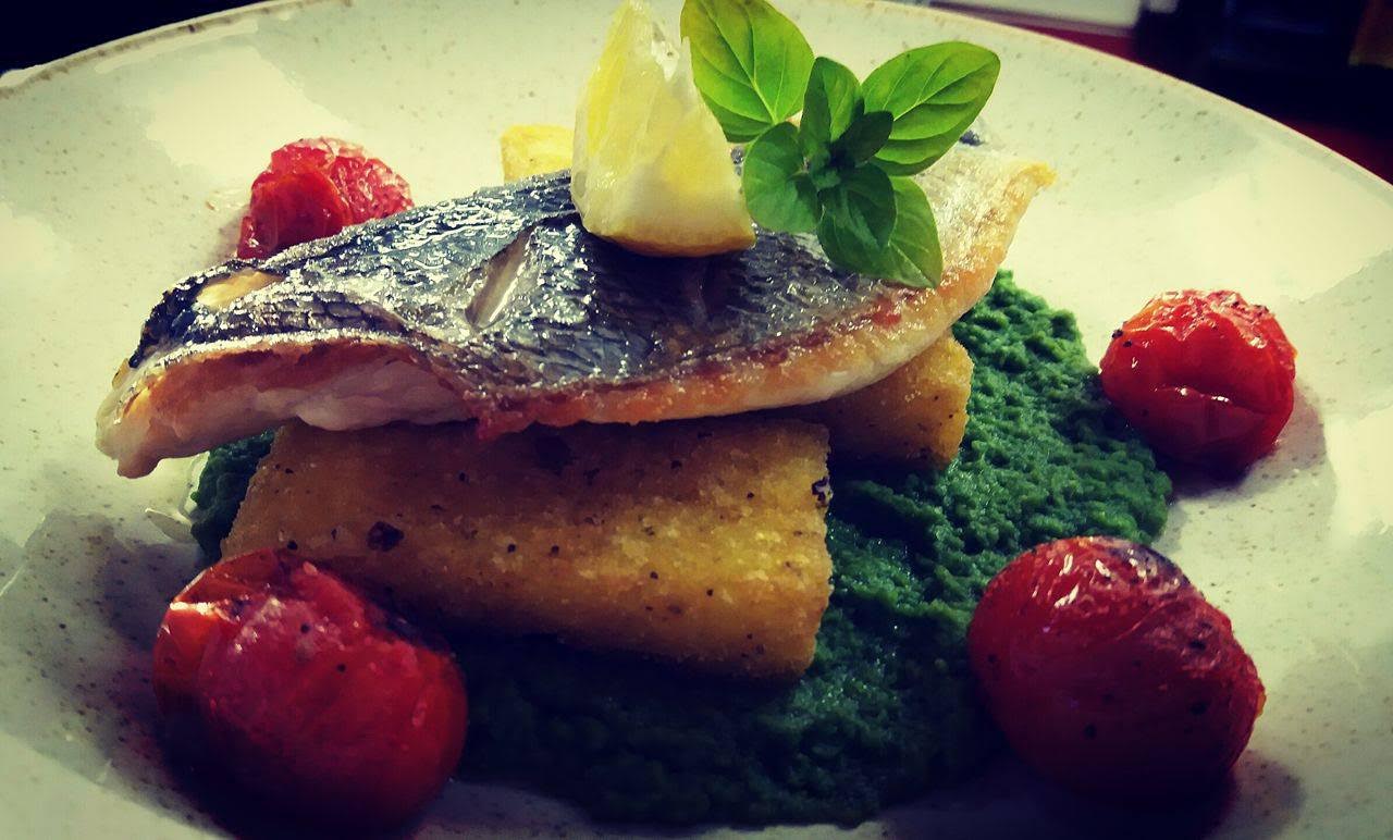 Sea Bream with Polenta Chips & Basil and Pea Puree