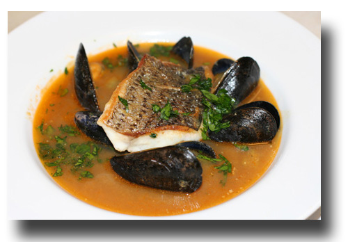 Seabass with a Mussel & chorizo broth