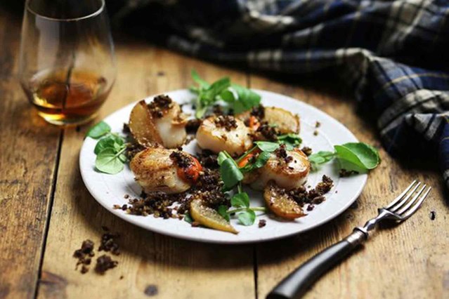 Scallops, Haggis and Fried Pear