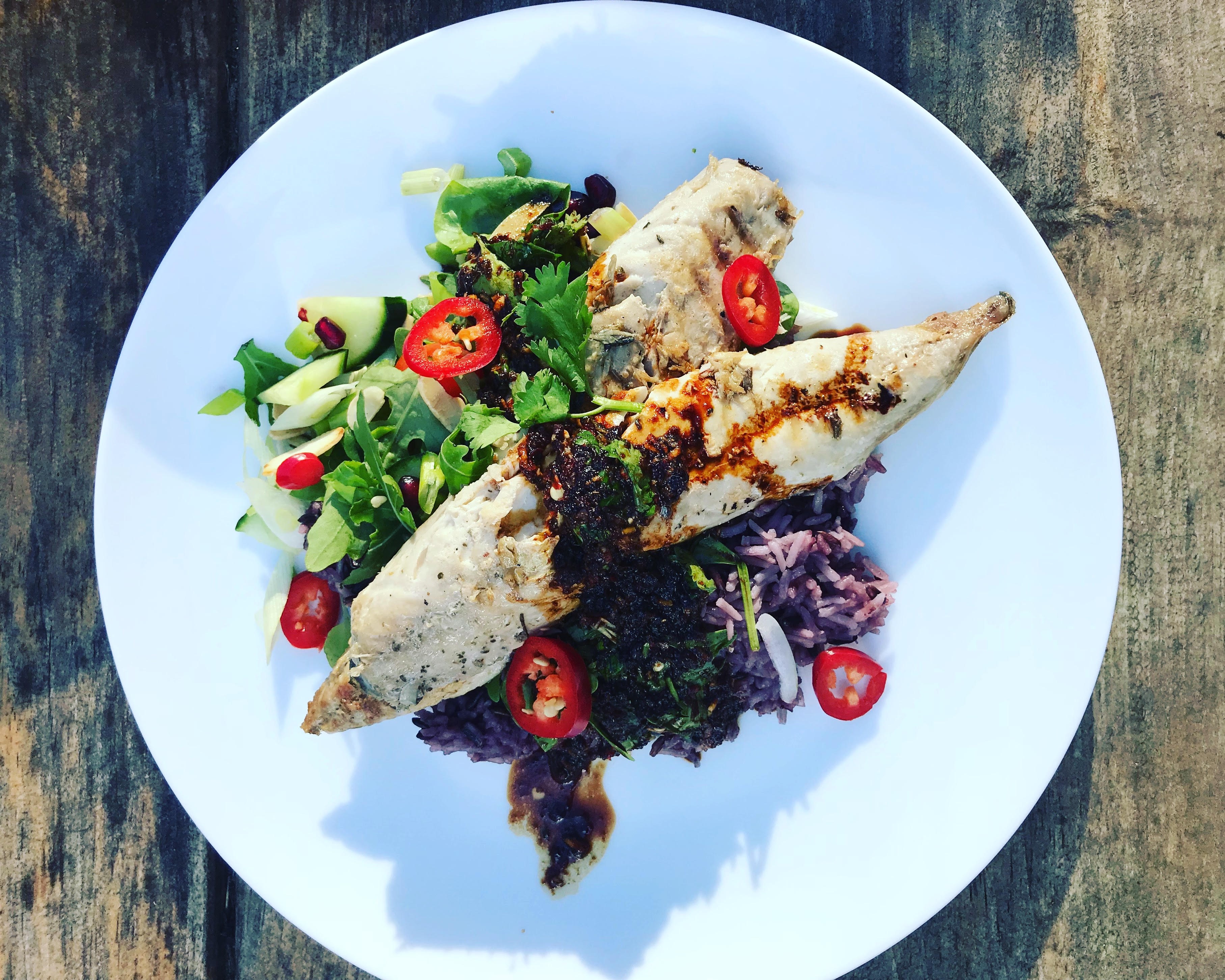 Pan-Fried Mackerel with Jasmine Rice, Asian-Inspired Sauce and Summer Salad