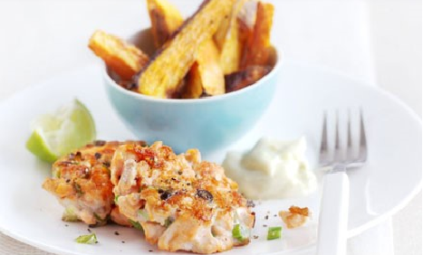 Salmon and Ginger Fish Cakes and Sweet Potato Chips