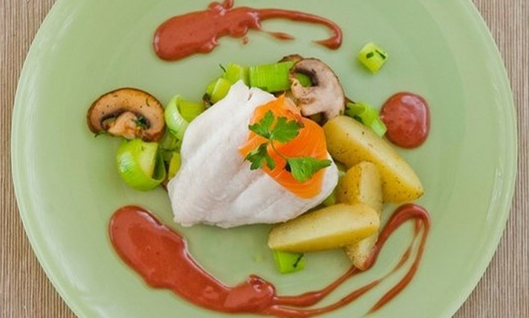 Poached Lemon Sole with Leeks, Mushrooms and Port Sauce
