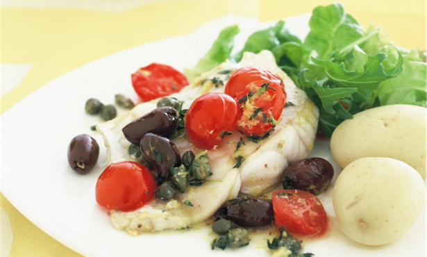 Baked Ling with  Tomatoes, Thyme and Olives