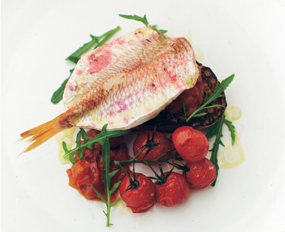 Grilled Red Mullet on Toast with Tomato Pickle